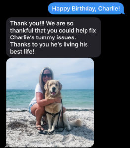 Charlie the Golden Retriever and his mom pose on a sunny Florida beach.