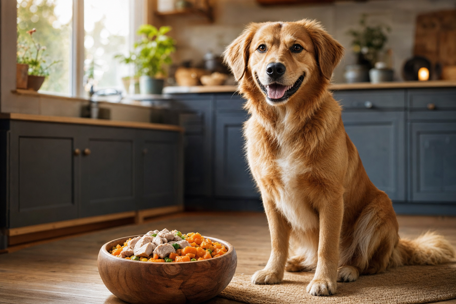 Happy healthy dog sitting beside a bowl of fresh home-cooked holistic dog food