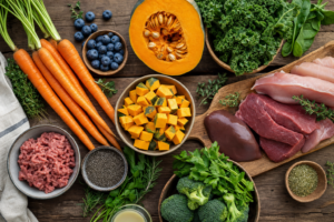 Fresh vegetables, lean meat, and herbs arranged for homemade holistic dog food