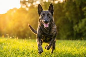 Healthy energetic dog with a shiny coat running happily outdoors