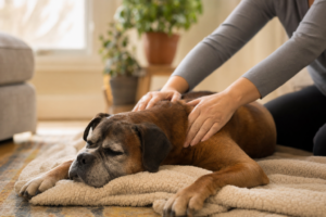 Caregiver gently massaging a senior Boxer dog receiving palliative comfort care at home