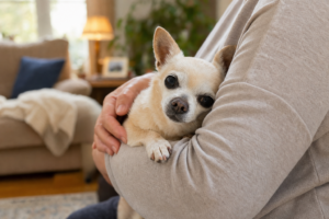 Caregiver tenderly holding a small senior Chihuahua dog during hospice and palliative care at home