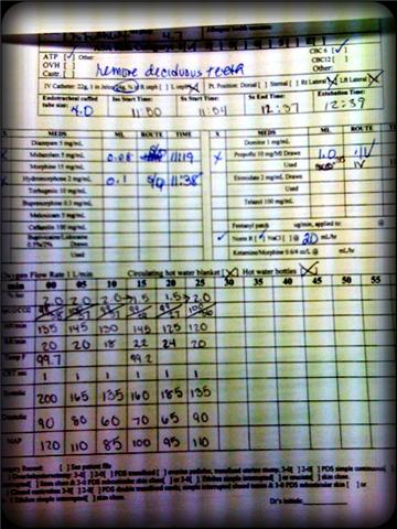 anesthesia charting Rows and graphs to notate vital signs allow the technician to identify upward or downward trends in anesthetic strength and depth of the patient under anesthesia.